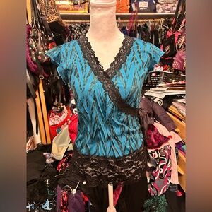 Elegant Teal and Black Lace Blouse